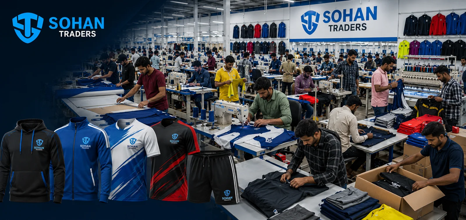 SOHAN TRADERS production floor — custom sportswear manufacturing